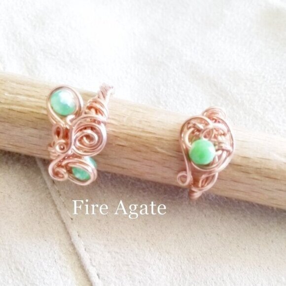 Wire Wrapped Copper & Bright Green Fire Agate Ring! Petite or Girl Starter Sz 4 - Picture 7 of 9